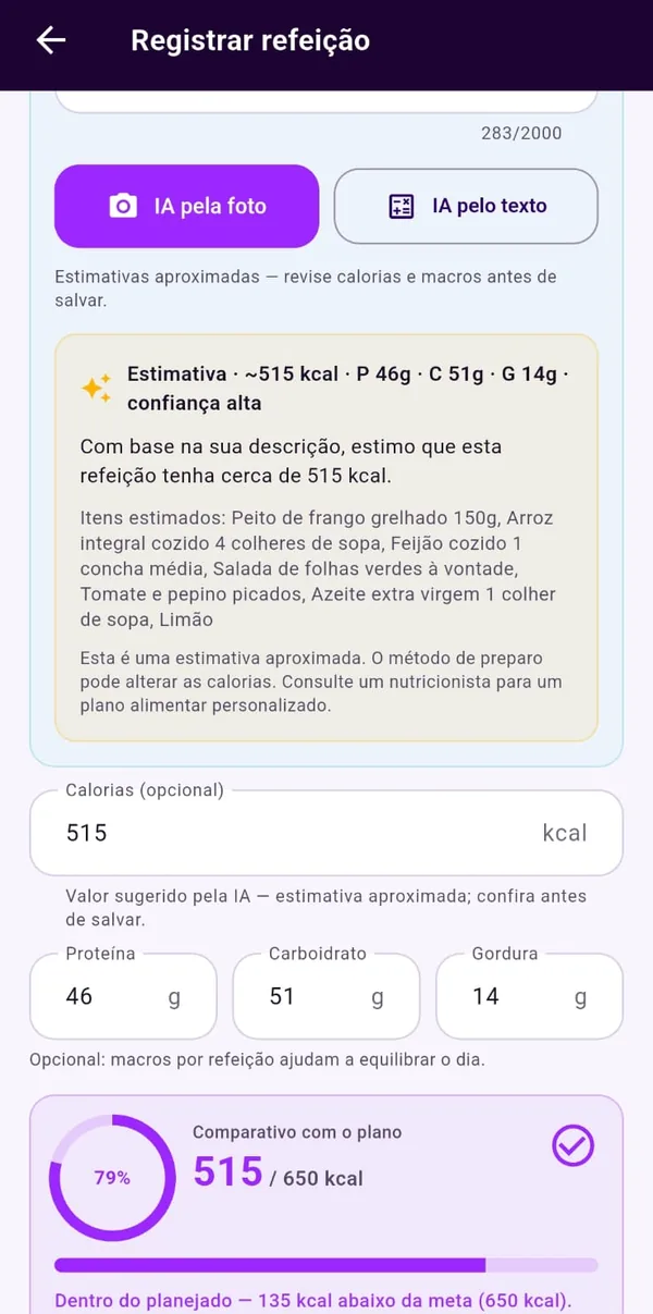 Refeição registrada pela foto, com calorias e macros